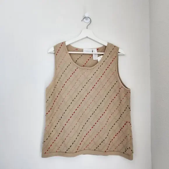 Vintage Y2K Liz Claiborne Tan Cotton Knit Running Stitch Sleeveless Tank Top M L - Picture 7 of 9